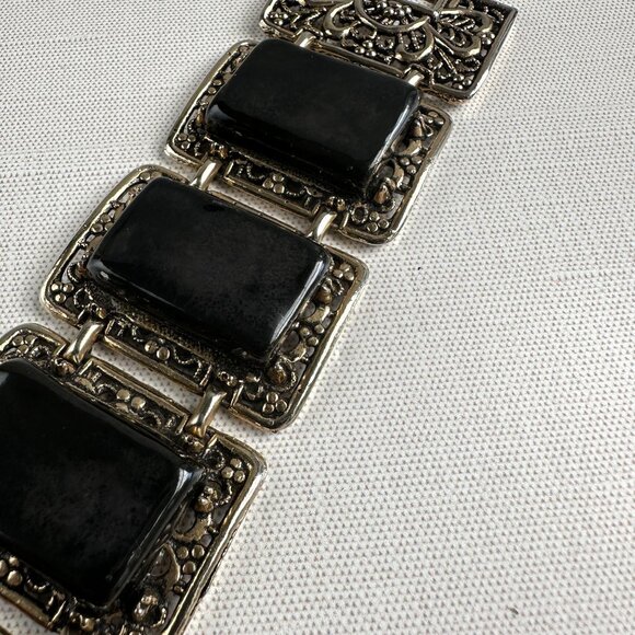 1960s Black Glazed Ceramic Filigree Panel Bracelet - Picture 2 of 10